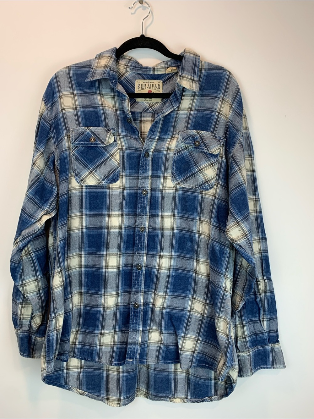 Red Head Blue plaid flannel sz L fall casual date night winter plaid outdoor